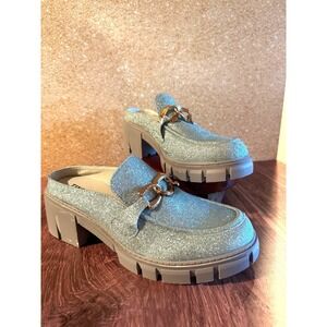 TINSTREE Platform Loafers Sparkly Blue Glitter Wedge Heel‎ size 10